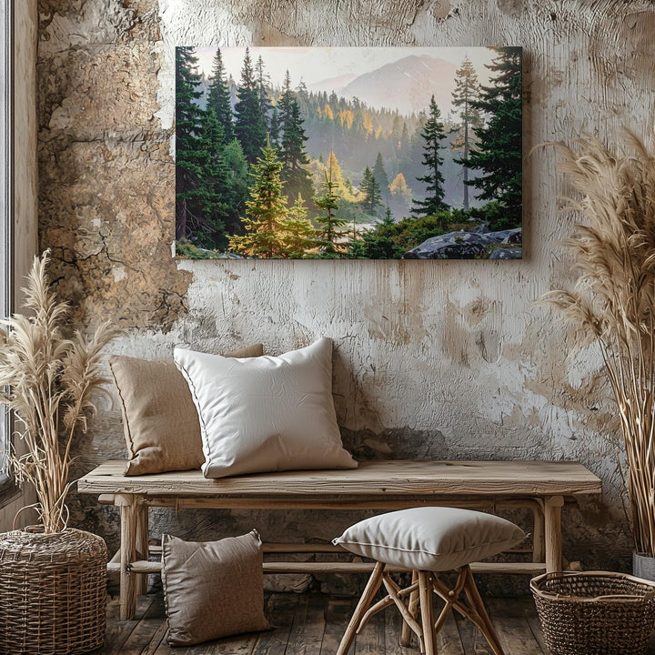 Golden Pines Canvas – Vertical Forest Landscape with Sunlight & Misty Mountains - Gifitto