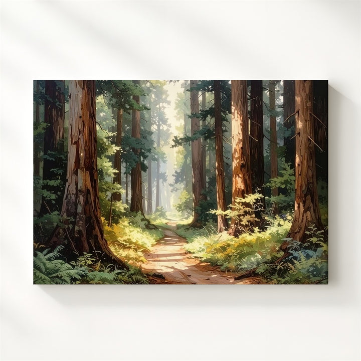 Redwood Sanctuary Canvas – Forest Path with Towering Trees & Golden Light - Gifitto
