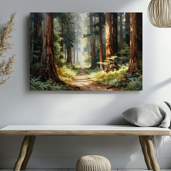 Redwood Sanctuary Canvas – Forest Path with Towering Trees & Golden Light - Gifitto