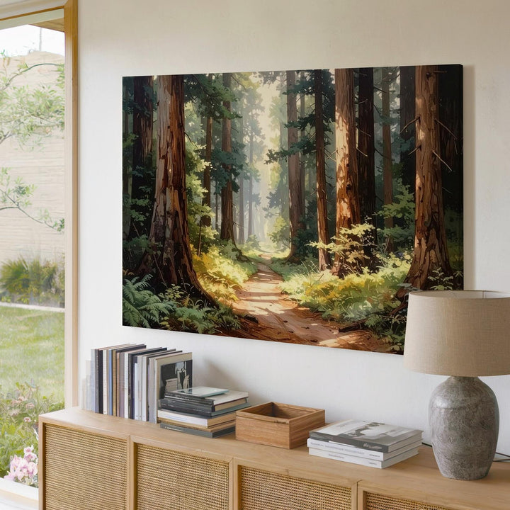 Redwood Sanctuary Canvas – Forest Path with Towering Trees & Golden Light - Gifitto