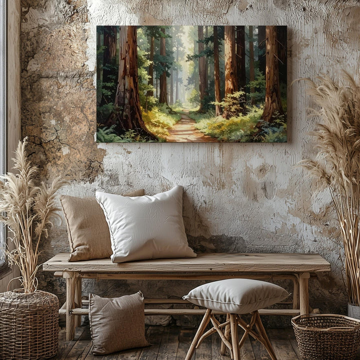 Redwood Sanctuary Canvas – Forest Path with Towering Trees & Golden Light - Gifitto