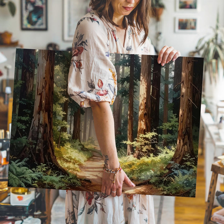 Redwood Sanctuary Canvas – Forest Path with Towering Trees & Golden Light - Gifitto
