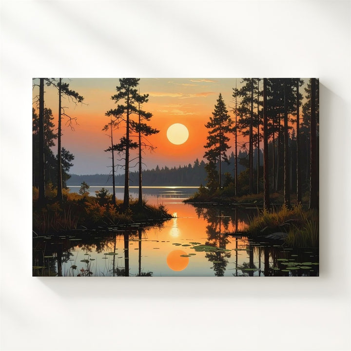 Twilight Reflection Canvas – Sunset Forest Lake with Symmetrical Pines - Gifitto