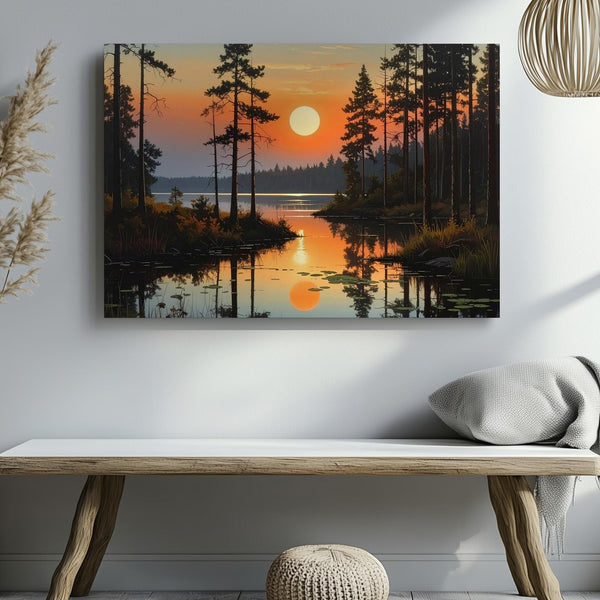 Twilight Reflection Canvas – Sunset Forest Lake with Symmetrical Pines - Gifitto
