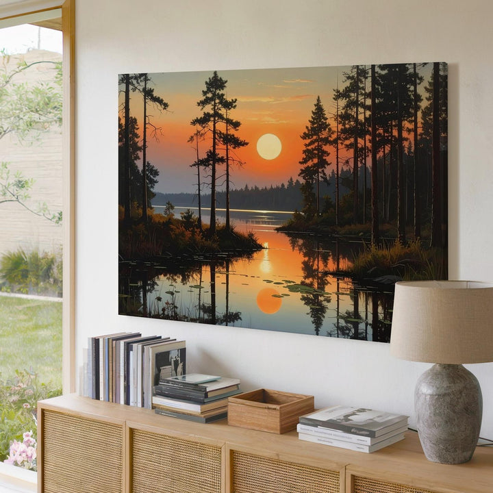 Twilight Reflection Canvas – Sunset Forest Lake with Symmetrical Pines - Gifitto