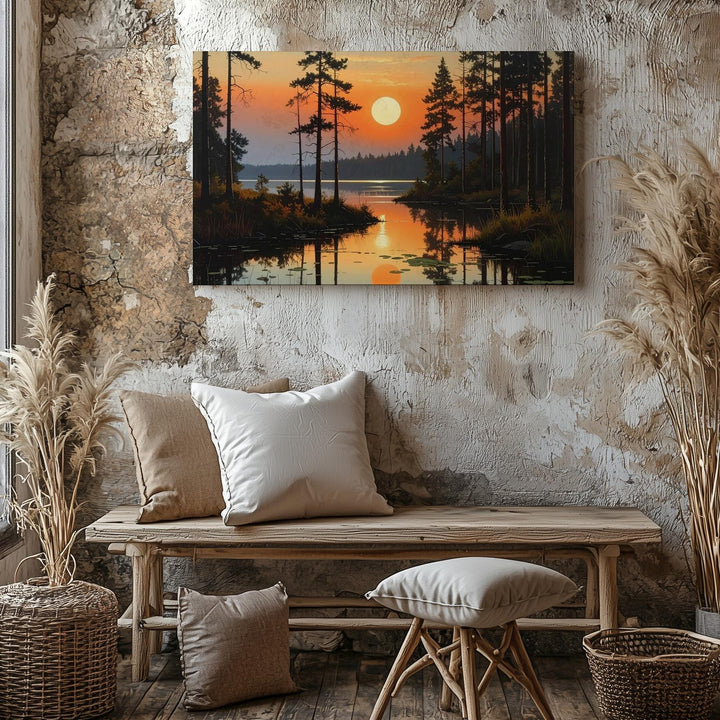 Twilight Reflection Canvas – Sunset Forest Lake with Symmetrical Pines - Gifitto