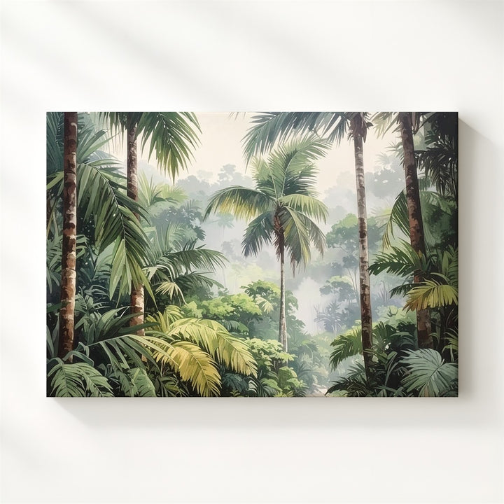 Verdant Rise Canvas – Vertical Tropical Rainforest with Palms & Mist - Gifitto