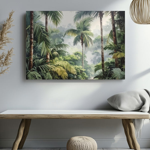 Verdant Rise Canvas – Vertical Tropical Rainforest with Palms & Mist - Gifitto
