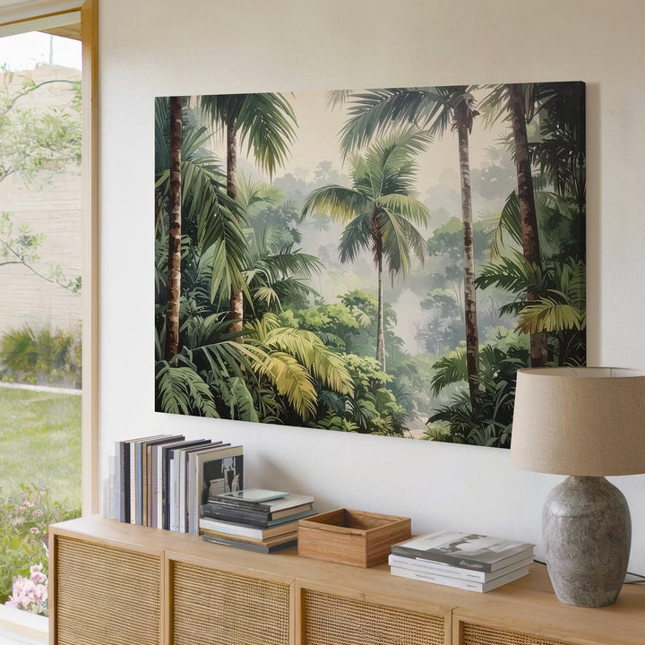 Verdant Rise Canvas – Vertical Tropical Rainforest with Palms & Mist - Gifitto
