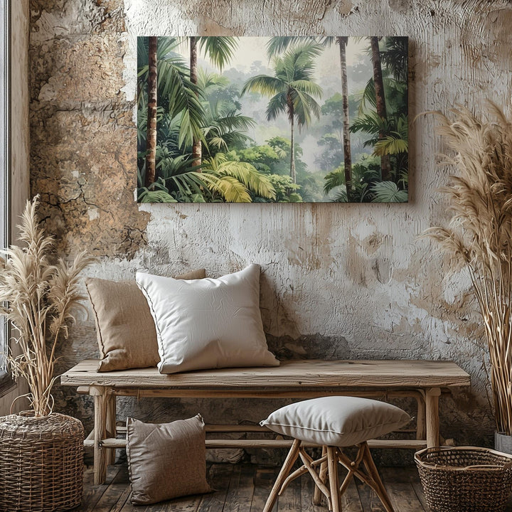 Verdant Rise Canvas – Vertical Tropical Rainforest with Palms & Mist - Gifitto