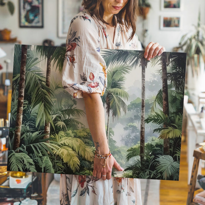 Verdant Rise Canvas – Vertical Tropical Rainforest with Palms & Mist - Gifitto