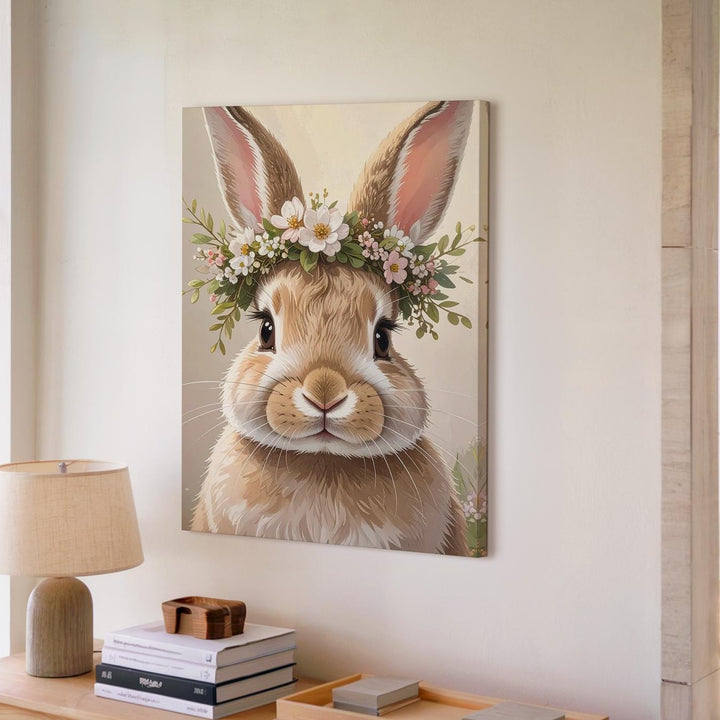 Floral Crown Bunny Canvas – Dreamy Spring Wall Art - Gifitto
