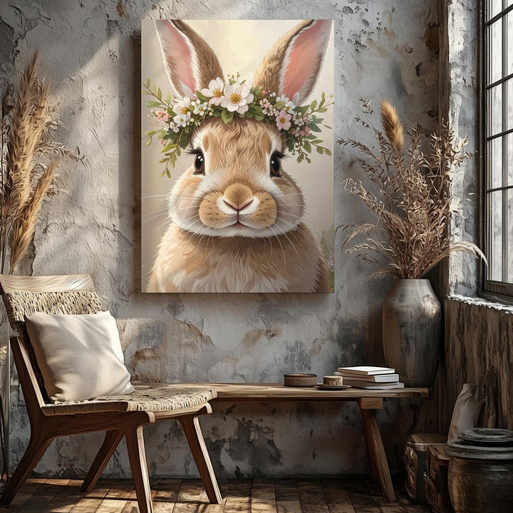 Floral Crown Bunny Canvas – Dreamy Spring Wall Art - Gifitto