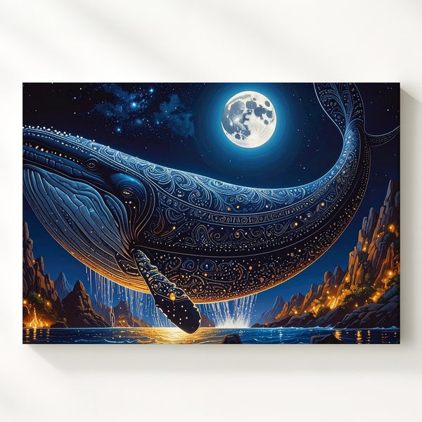 Celestial Whale Canvas – Fantasy Moonlit Sky & Cosmic Ocean Flight