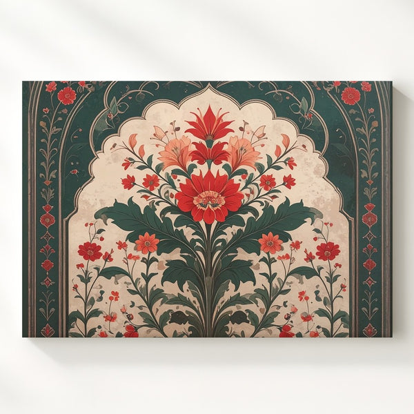 Mughal Floral Arch Canvas – Symmetrical Miniature-Inspired Wall Art - Gifitto