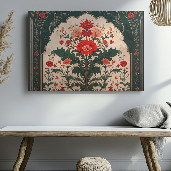 Mughal Floral Arch Canvas – Symmetrical Miniature-Inspired Wall Art - Gifitto
