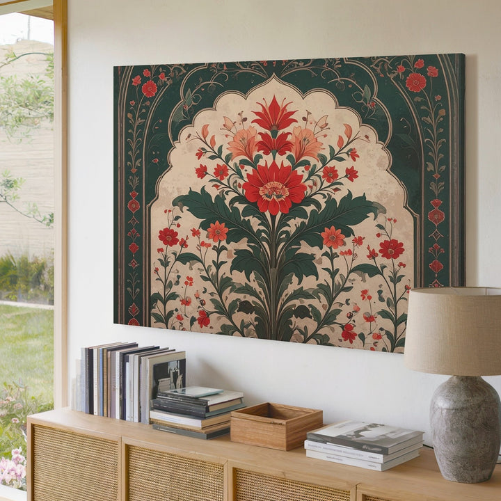 Mughal Floral Arch Canvas – Symmetrical Miniature-Inspired Wall Art - Gifitto