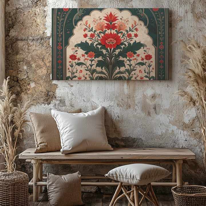 Mughal Floral Arch Canvas – Symmetrical Miniature-Inspired Wall Art - Gifitto
