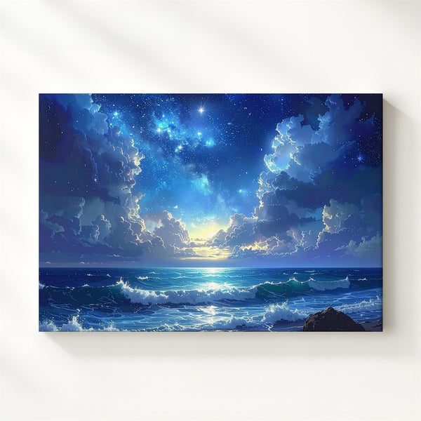 Celestial Ocean Glow Canvas – Blue Nebula Sky Over Moonlit Waves - Gifitto
