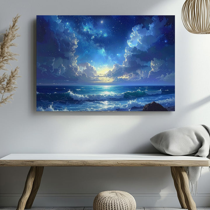 Celestial Ocean Glow Canvas – Blue Nebula Sky Over Moonlit Waves - Gifitto