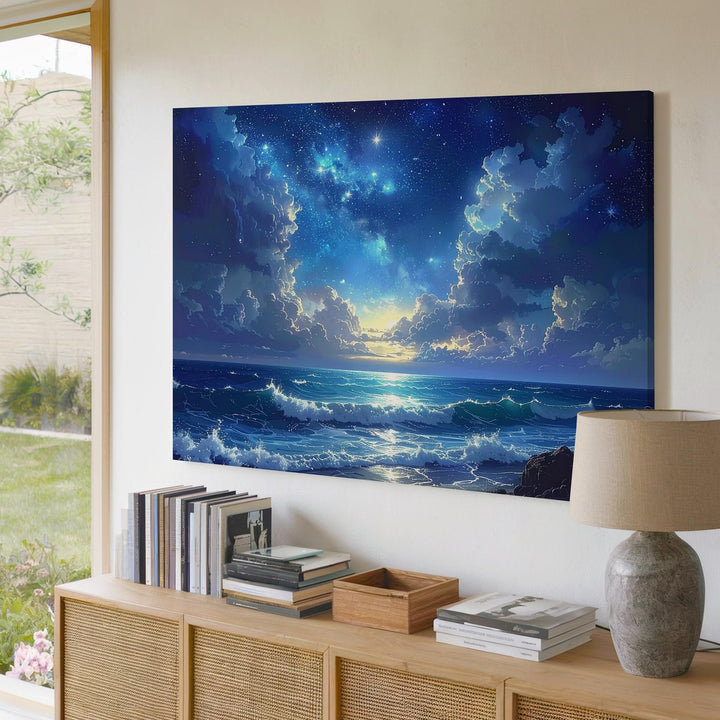 Celestial Ocean Glow Canvas – Blue Nebula Sky Over Moonlit Waves - Gifitto