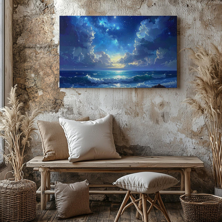 Celestial Ocean Glow Canvas – Blue Nebula Sky Over Moonlit Waves - Gifitto