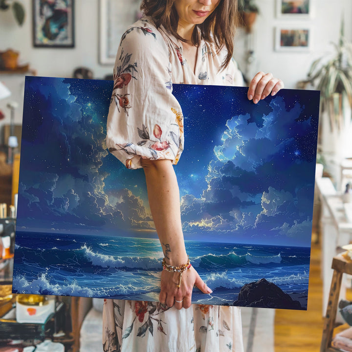 Celestial Ocean Glow Canvas – Blue Nebula Sky Over Moonlit Waves - Gifitto