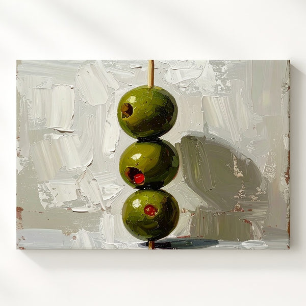 Minimalist Olive Skewer Canvas – Modern Culinary Still Life on Textured White - Gifitto