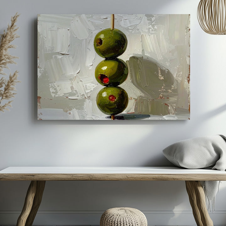 Minimalist Olive Skewer Canvas – Modern Culinary Still Life on Textured White - Gifitto