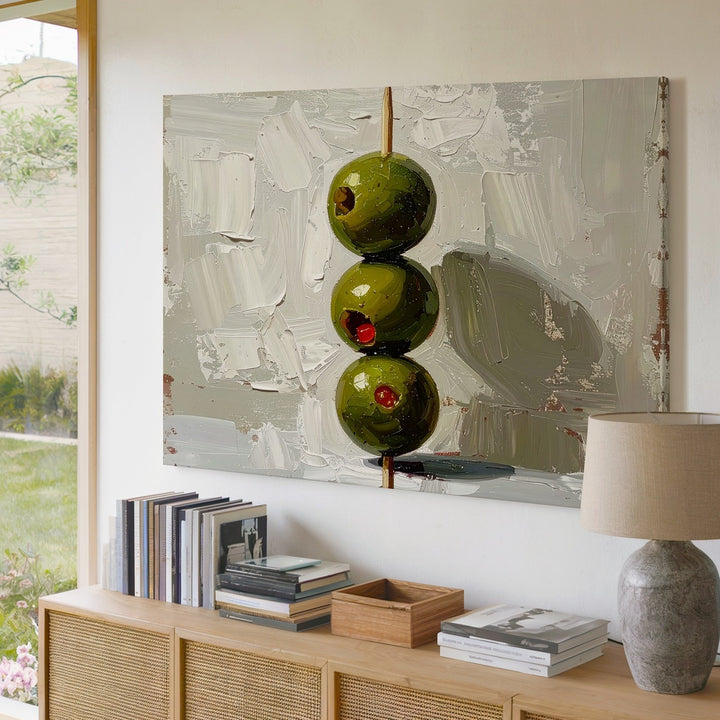 Minimalist Olive Skewer Canvas – Modern Culinary Still Life on Textured White - Gifitto