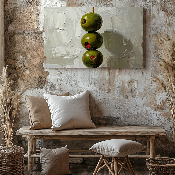 Minimalist Olive Skewer Canvas – Modern Culinary Still Life on Textured White - Gifitto