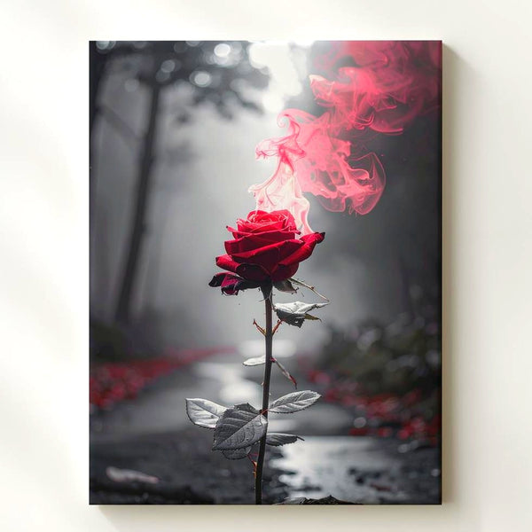 Ethereal Rose Canvas – Red Rose in Misty Forest Path - Gifitto