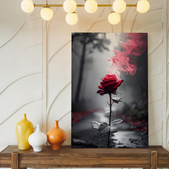 Ethereal Rose Canvas – Red Rose in Misty Forest Path - Gifitto
