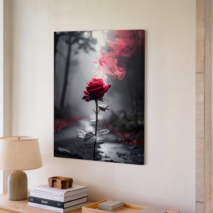 Ethereal Rose Canvas – Red Rose in Misty Forest Path - Gifitto