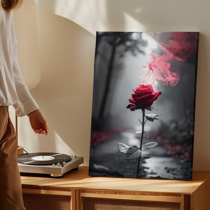 Ethereal Rose Canvas – Red Rose in Misty Forest Path - Gifitto