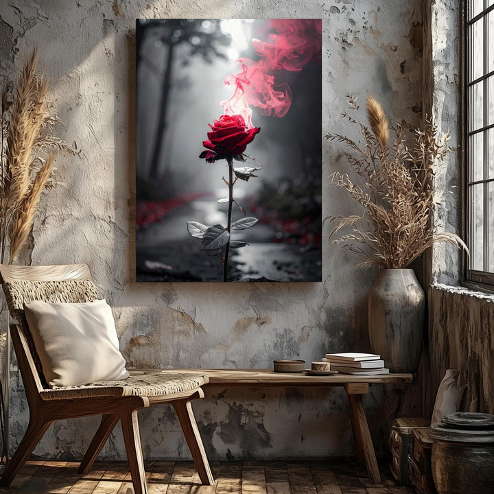 Ethereal Rose Canvas – Red Rose in Misty Forest Path - Gifitto