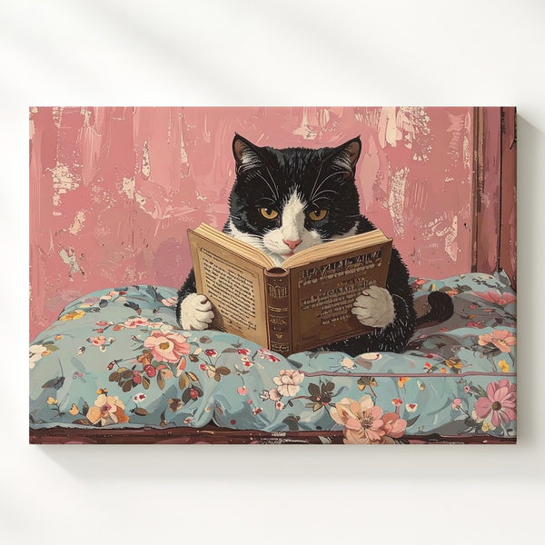 Cozy Cat Reading a Book Canvas – Black-and-White Cat on Pastel Floral Blanket - Gifitto