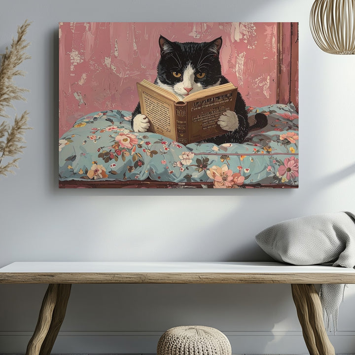 Cozy Cat Reading a Book Canvas – Black-and-White Cat on Pastel Floral Blanket - Gifitto