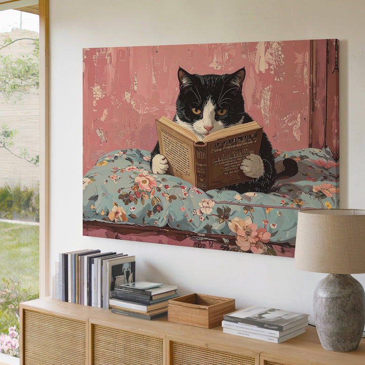 Cozy Cat Reading a Book Canvas – Black-and-White Cat on Pastel Floral Blanket - Gifitto