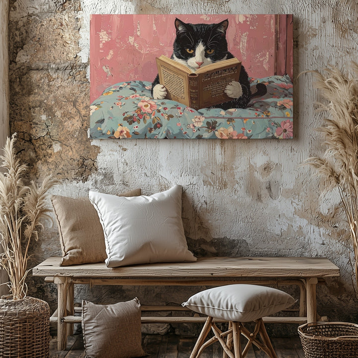 Cozy Cat Reading a Book Canvas – Black-and-White Cat on Pastel Floral Blanket - Gifitto