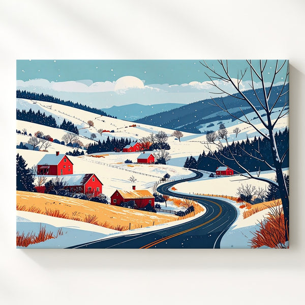 Whimsical Winter Village Canvas – Red Houses & Snowy Road Scene
