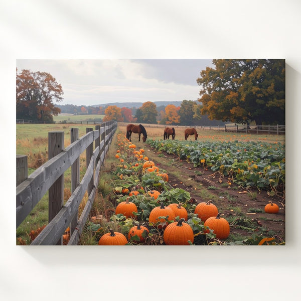 Autumn Pasture Canvas – Rustic Pumpkin Patch & Grazing Horses - Gifitto