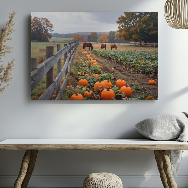 Autumn Pasture Canvas – Rustic Pumpkin Patch & Grazing Horses - Gifitto