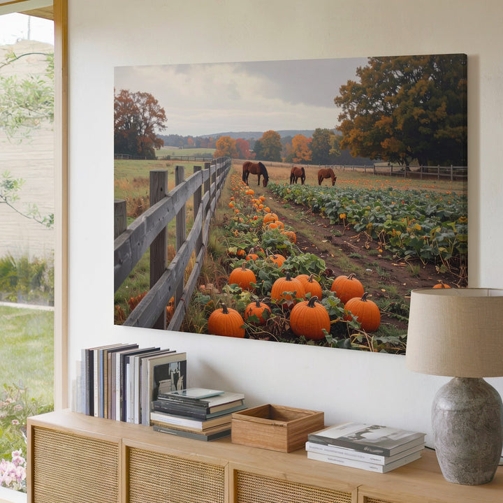 Autumn Pasture Canvas – Rustic Pumpkin Patch & Grazing Horses - Gifitto