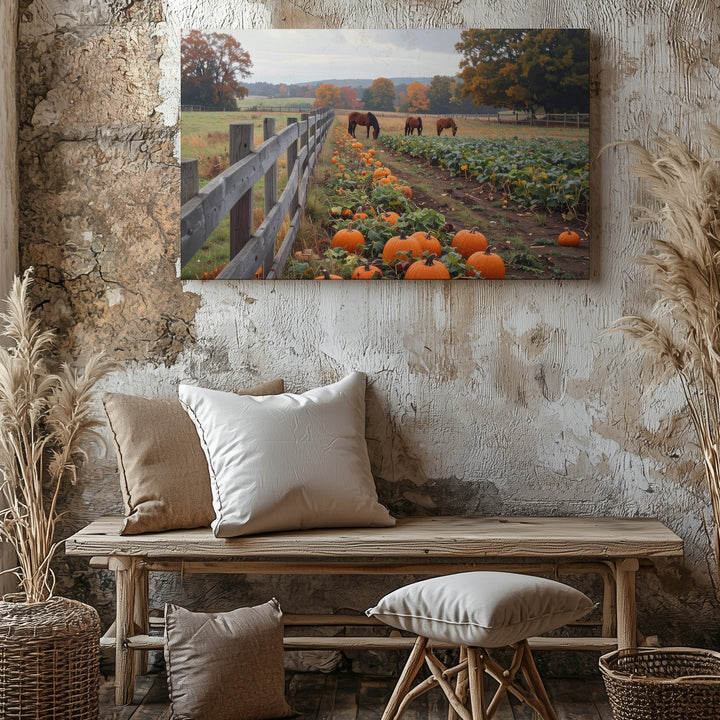 Autumn Pasture Canvas – Rustic Pumpkin Patch & Grazing Horses - Gifitto