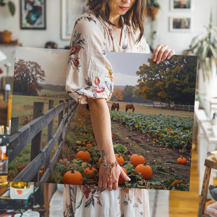 Autumn Pasture Canvas – Rustic Pumpkin Patch & Grazing Horses - Gifitto