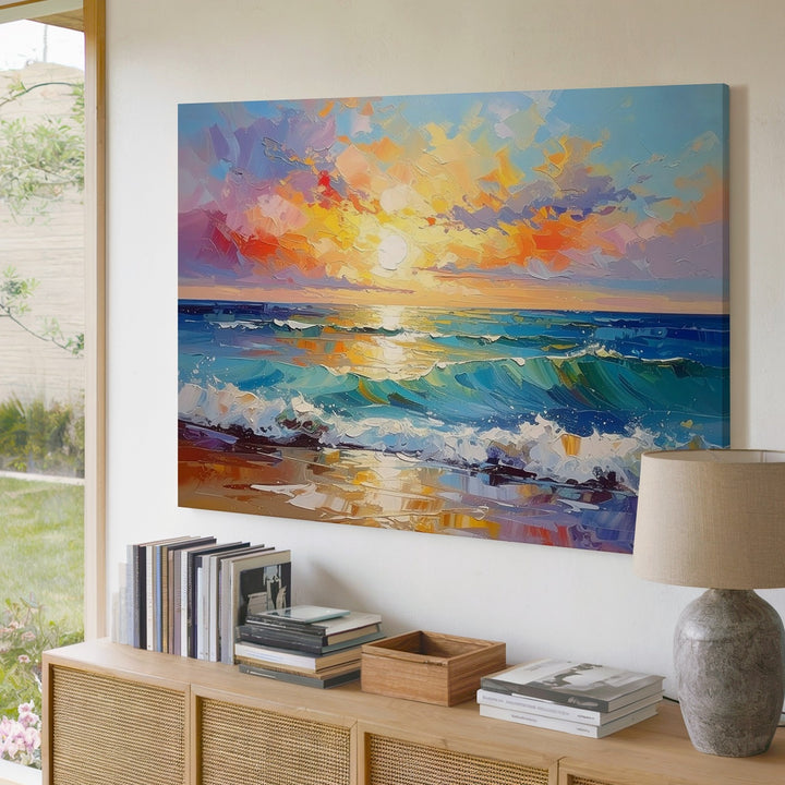 Golden Horizon Seascape Canvas – Vibrant Impressionist Ocean Sunset Art - Gifitto