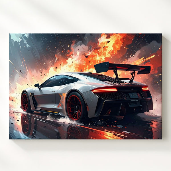 Explosive Speed Canvas – White Race Car with Red Rims in Action-Fantasy Scene - Gifitto