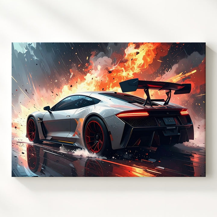 Explosive Speed Canvas – White Race Car with Red Rims in Action-Fantasy Scene - Gifitto