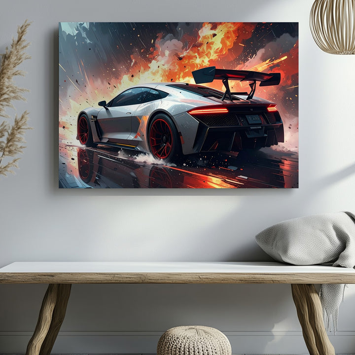 Explosive Speed Canvas – White Race Car with Red Rims in Action-Fantasy Scene - Gifitto